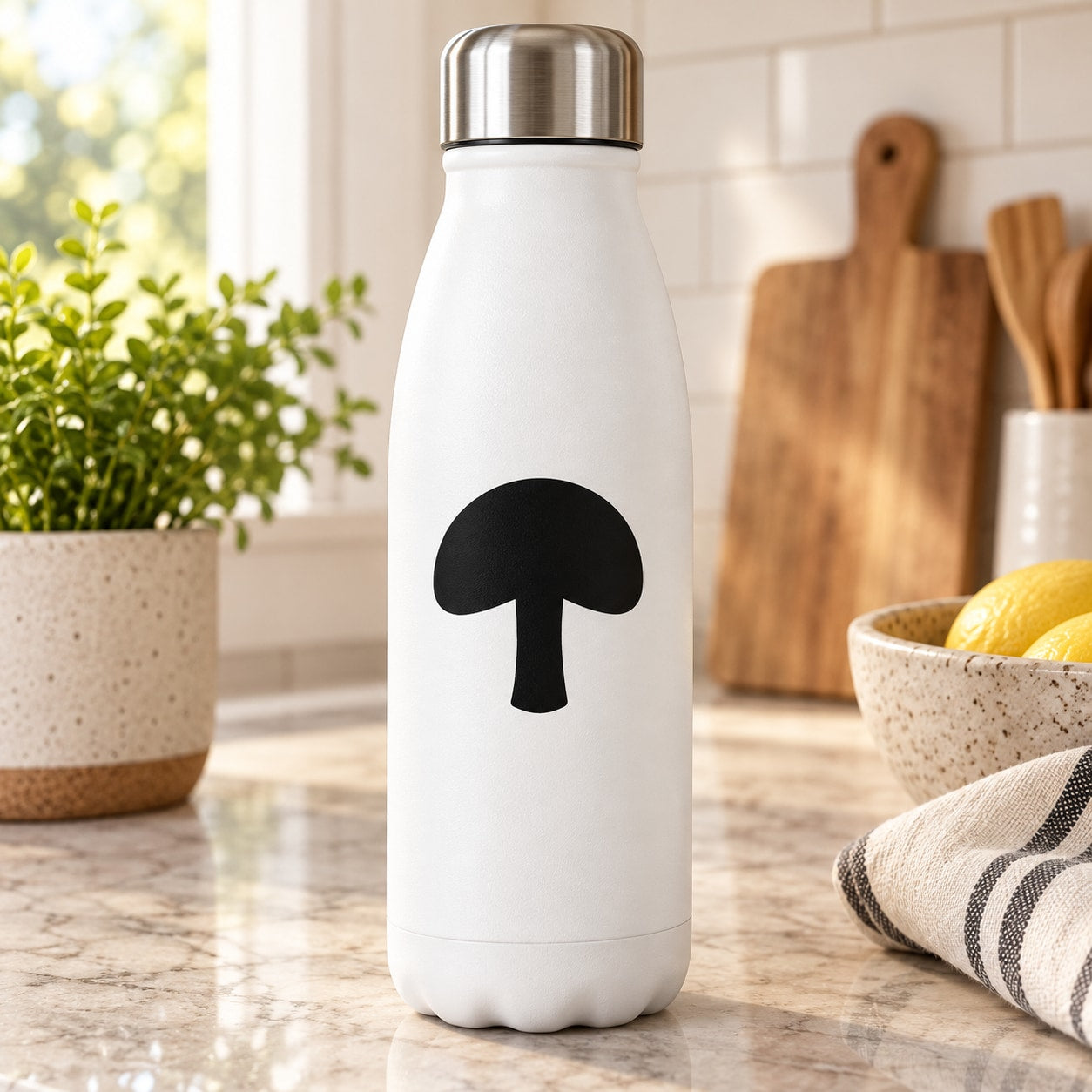 Black mushroom decal sticker on white bottle, rounded cap and stem shape