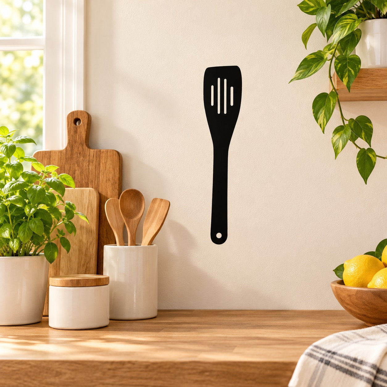 Black spatula wall decal with white handle grip lines