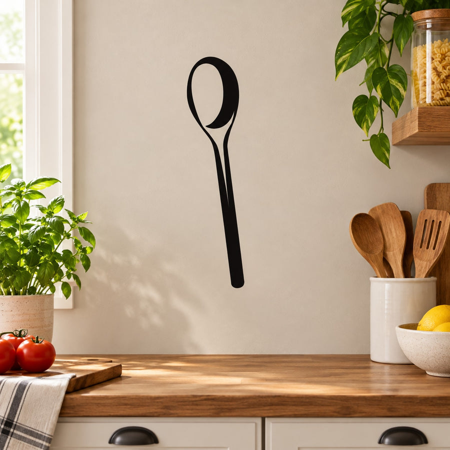 Wooden spoon wall decal in black, long-handled outline design