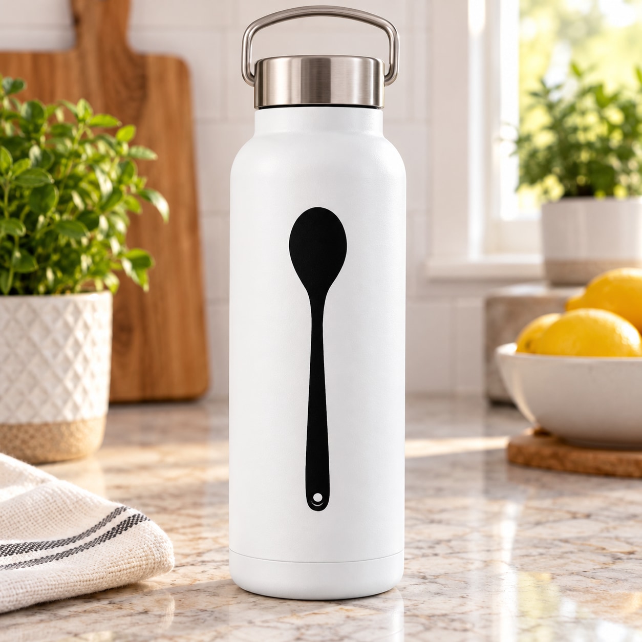 Black spoon-shaped decal on a white bottle