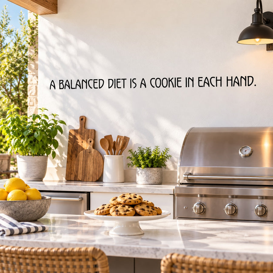Wall decal reading 'A BALANCED DIET IS A COOKIE IN EACH HAND'