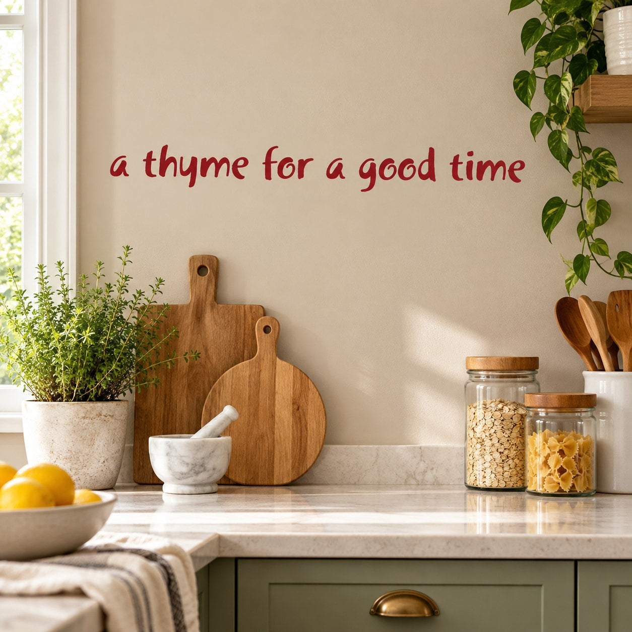 Red cursive wall decal text: “a thyme for a good time”