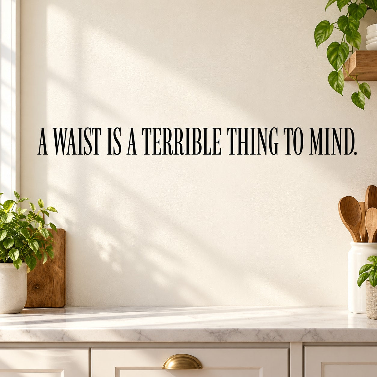 Black quote wall decal: "A WAIST IS A TERRIBLE THING TO MIND."