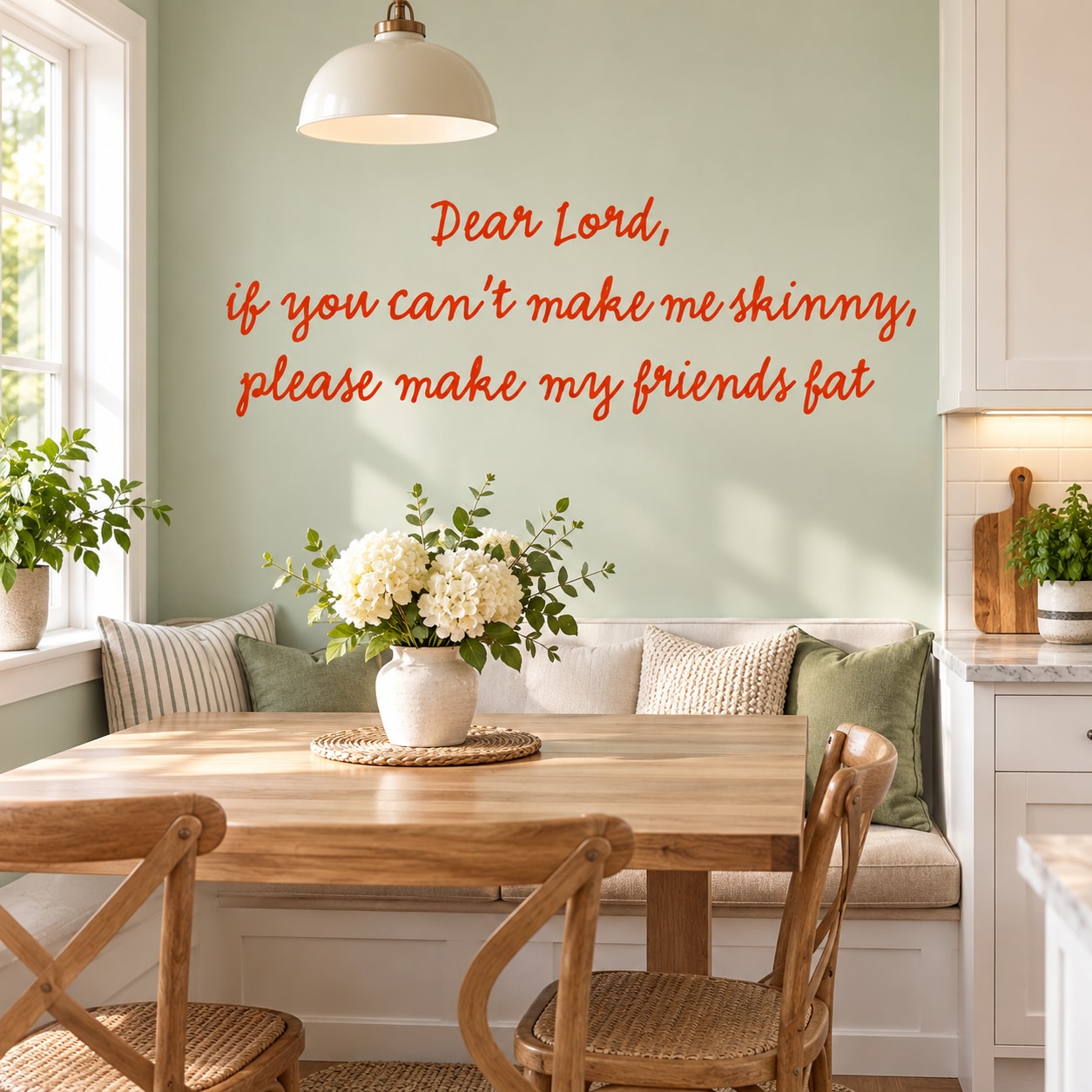 Wall decal with red cursive quote: Dear Lord, make me skinny, friends fat