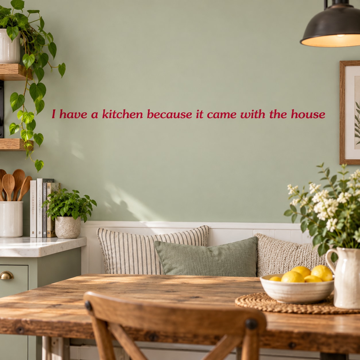 Kitchen wall decal with red cursive quote: kitchen because it came with the house