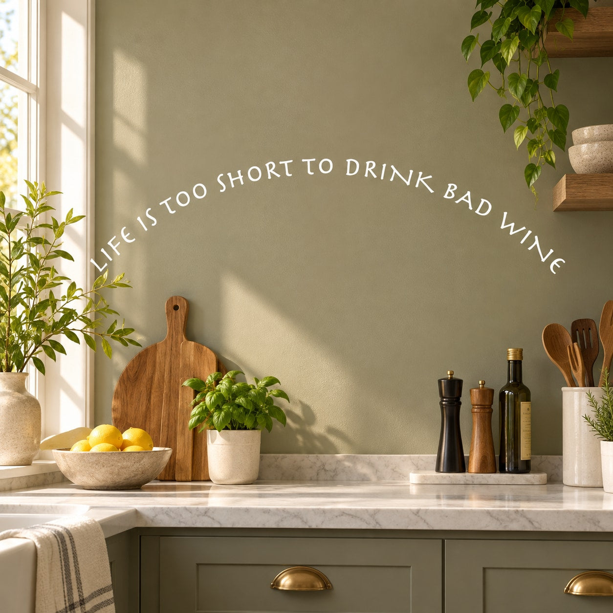 Wall decal with curved quote text: “Life is too short to drink bad wine”