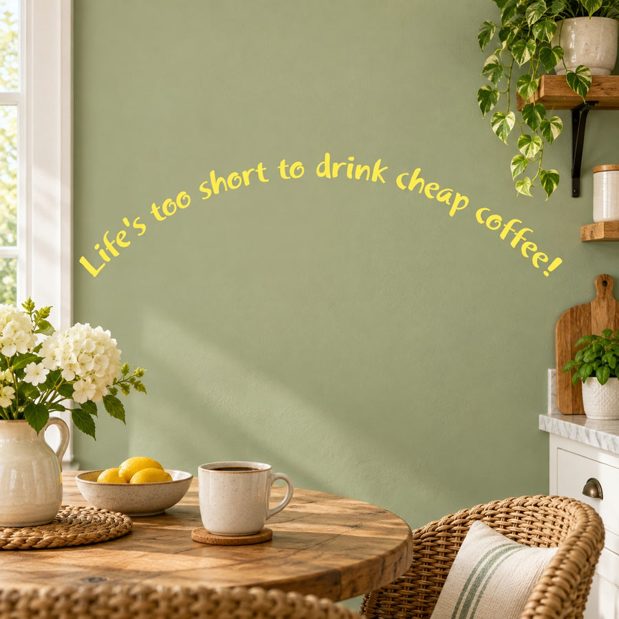Coffee quote wall decal: “Life's too short to drink cheap coffee!”