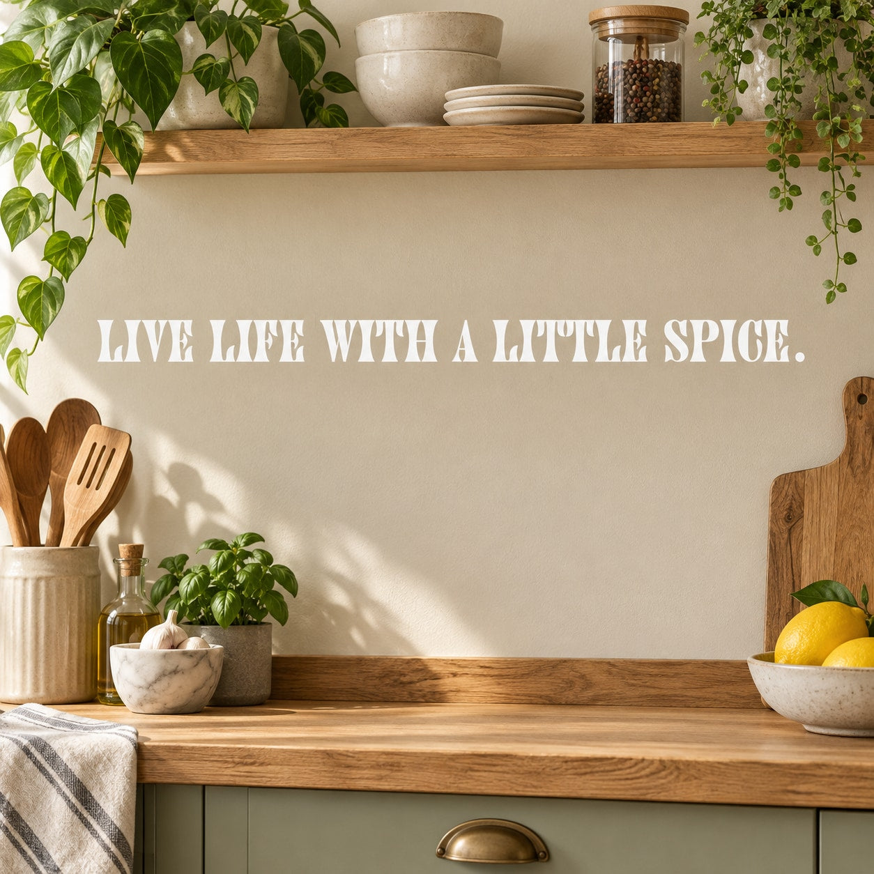 White wall decal with text: "LIVE LIFE WITH A LITTLE SPICE."