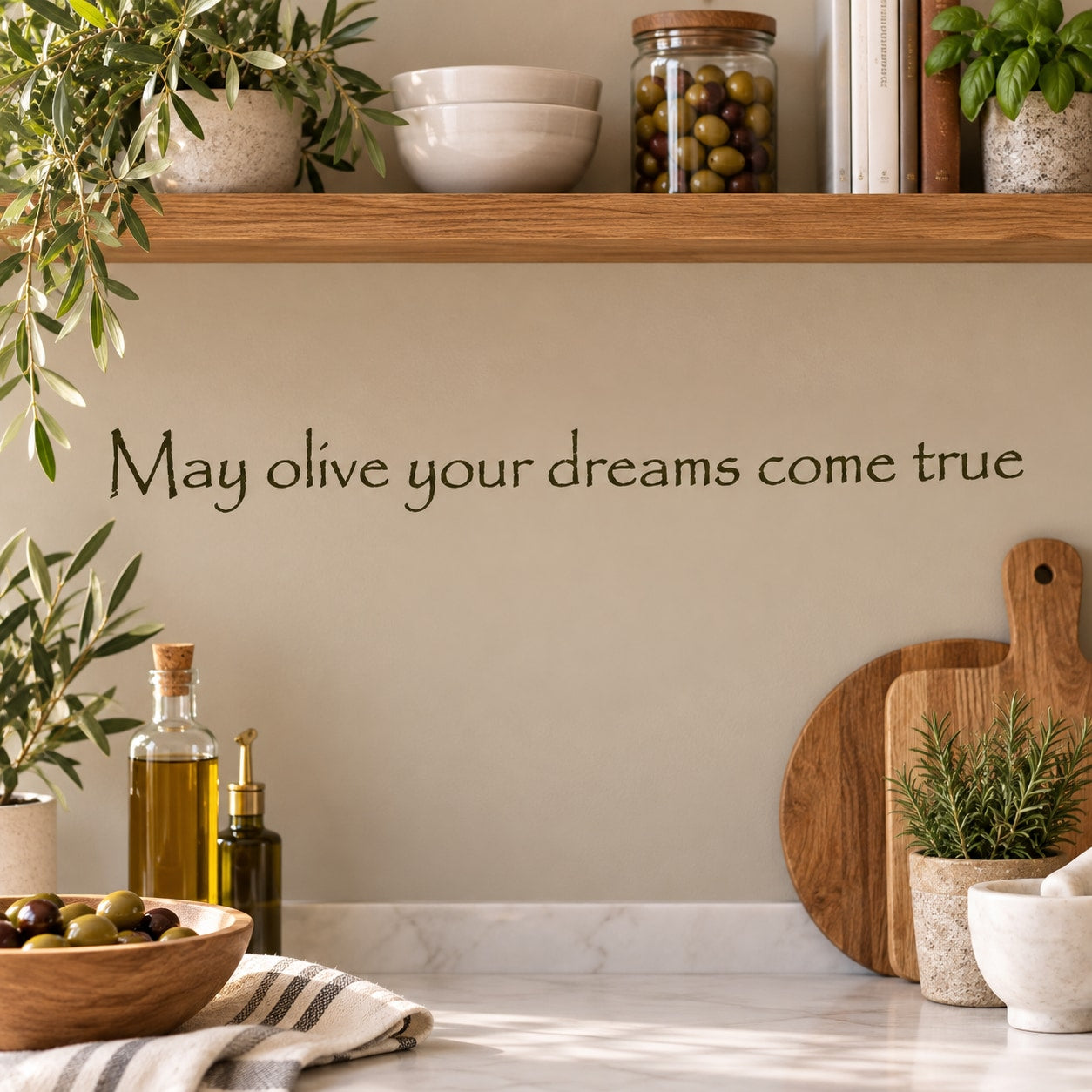 Wall decal with script text: 'May olive your dreams come true'