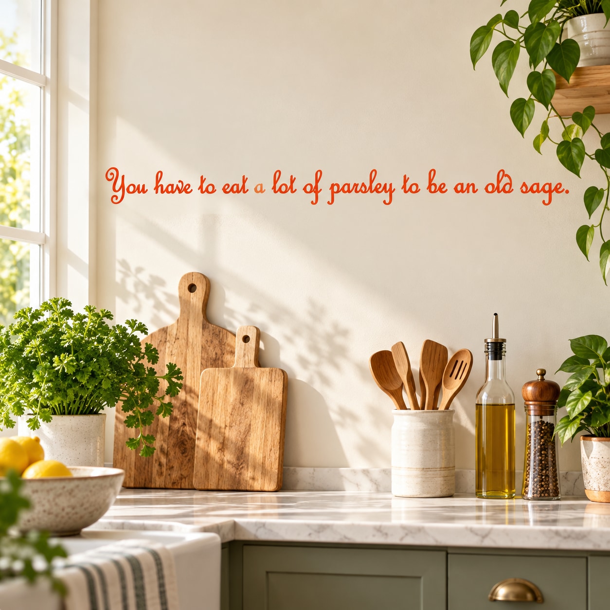 Red cursive quote wall decal with the phrase about parsley and an old sage.