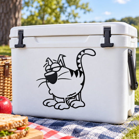 White cooler with black cartoon cat decal