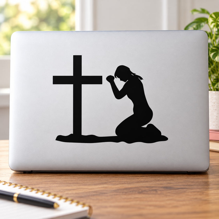 Praying teen girl decal with cross, black silhouette on light background
