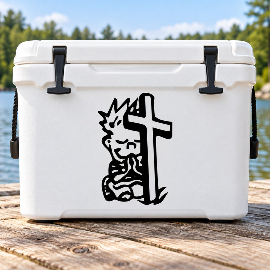 Calvin praying decal sticker on a white cooler