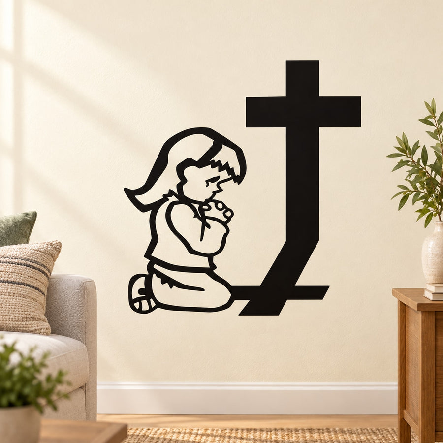 Cartoon praying girl wall decal with large black cross