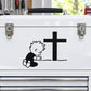 Praying Calvin decal with black cross on white surface