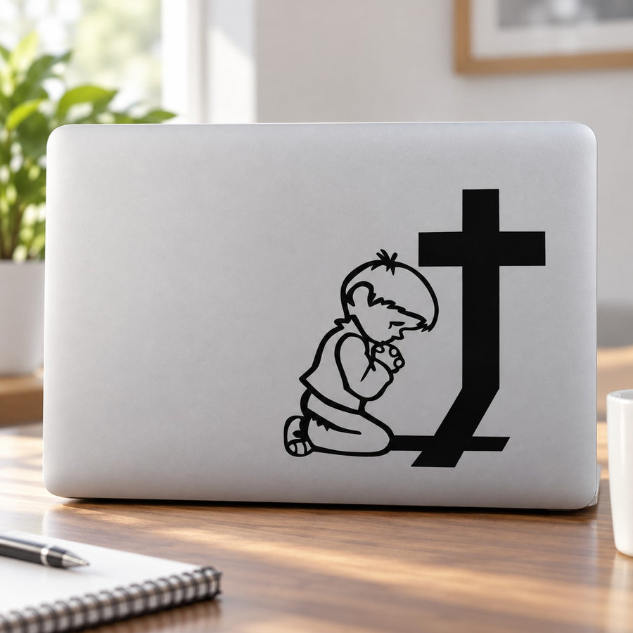 Praying boy and cross decal, black outline illustration
