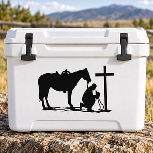 Praying cowboy on horse decal with cross on white cooler