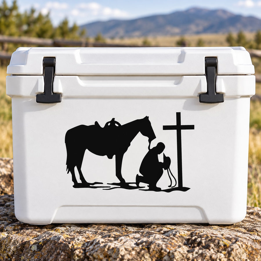 Praying cowboy on horse decal with cross on white cooler