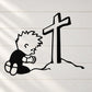 Kneeling boy praying wall decal with large cross and hands clasped, black outline