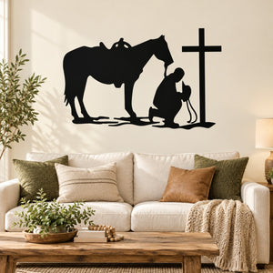 Black wall decal of praying cowboy with horse and tall cross