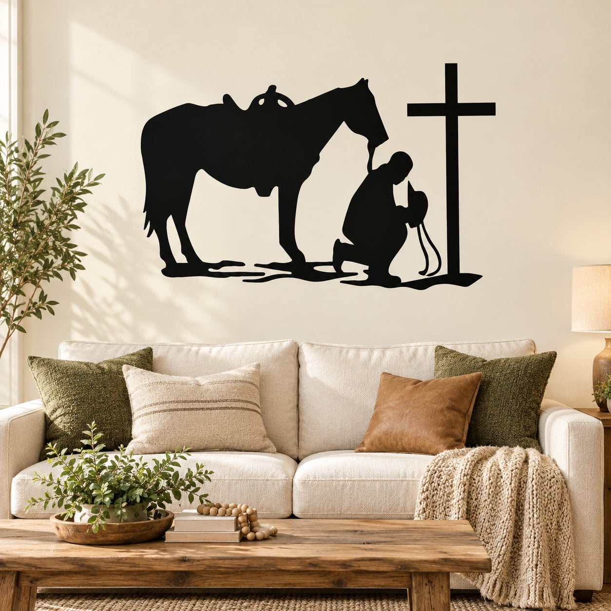 Black wall decal of praying cowboy with horse and tall cross