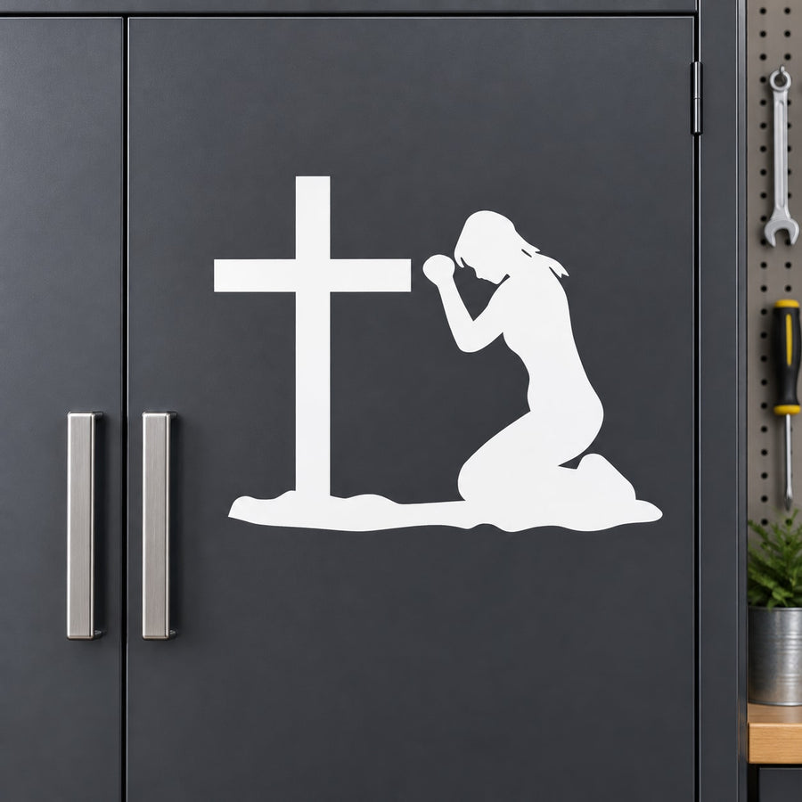 White praying girl decal with cross, kneeling on one knee