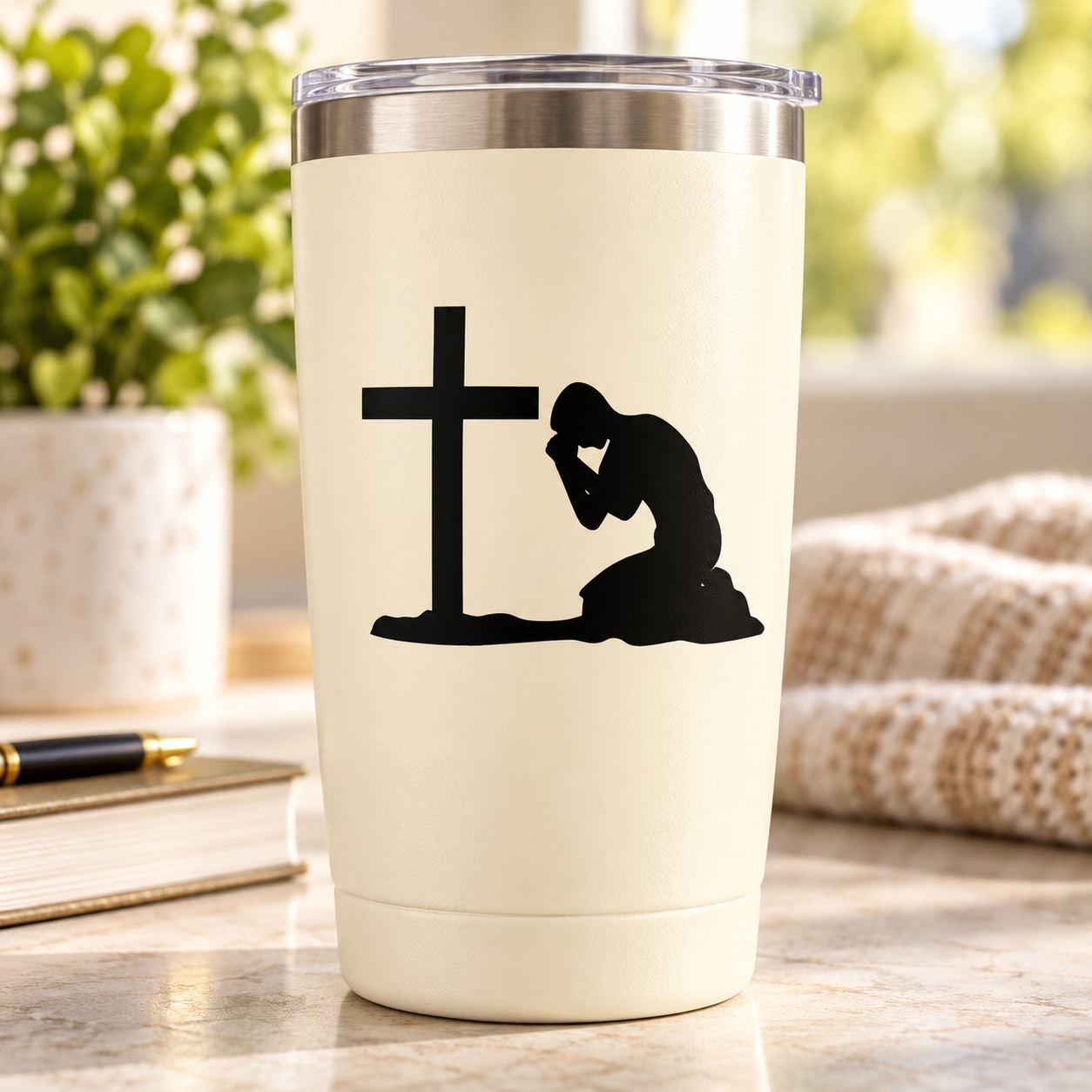 White tumbler with black praying teen and cross decal