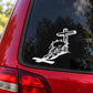 Car window decal with praying figure and cross, white vinyl
