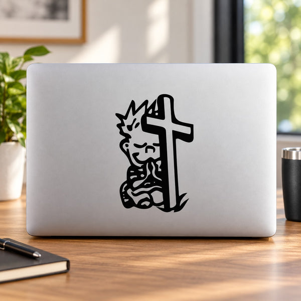 Black praying figure and cross graveyard wall decal, vinyl style