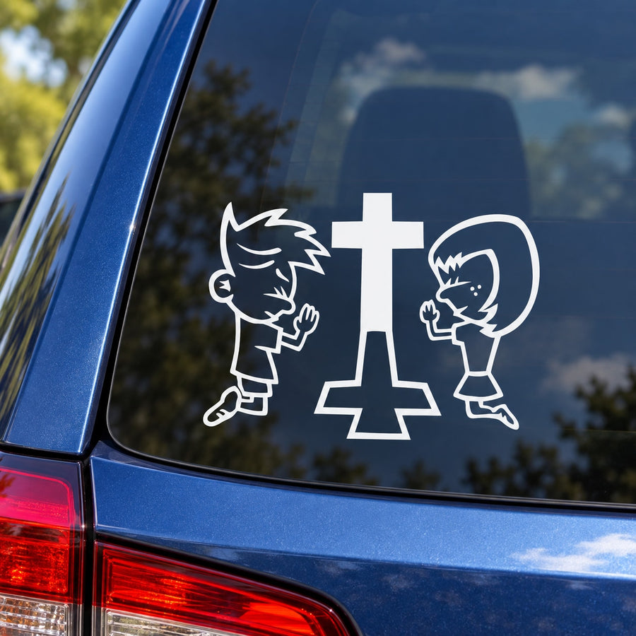White cartoon children praying car decal with two crosses