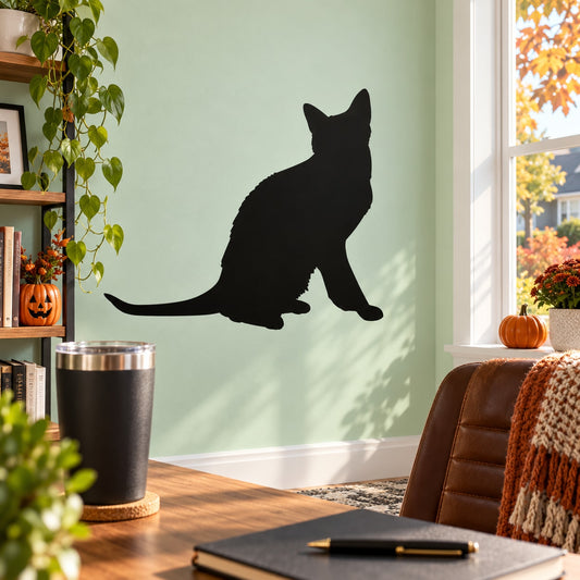 Black sitting cat silhouette wall decal with long tail