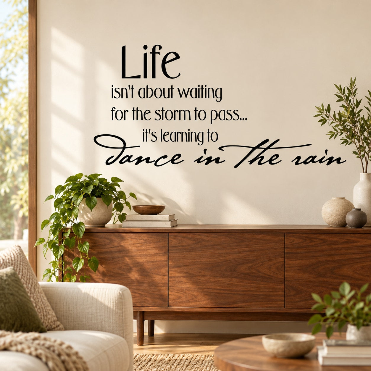 Motivational wall decal quote: “Life isn’t about waiting… dance in the rain”