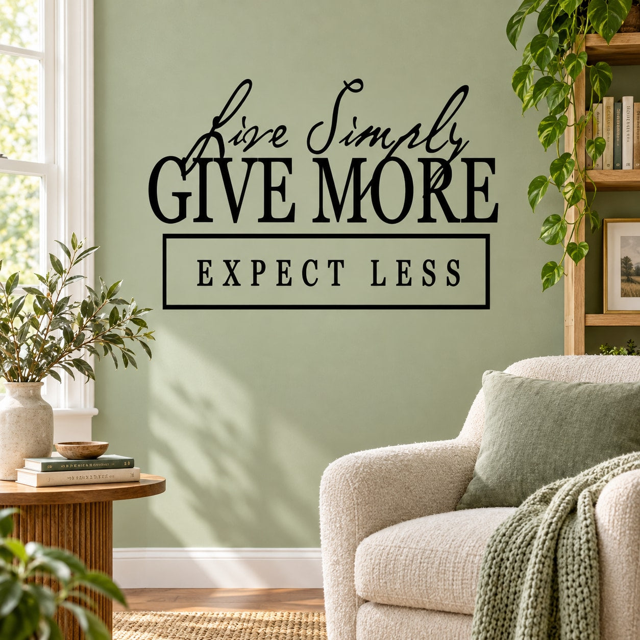 Wall decal text: cursive “Live simply”, bold “GIVE MORE”, and boxed “EXPECT LESS”