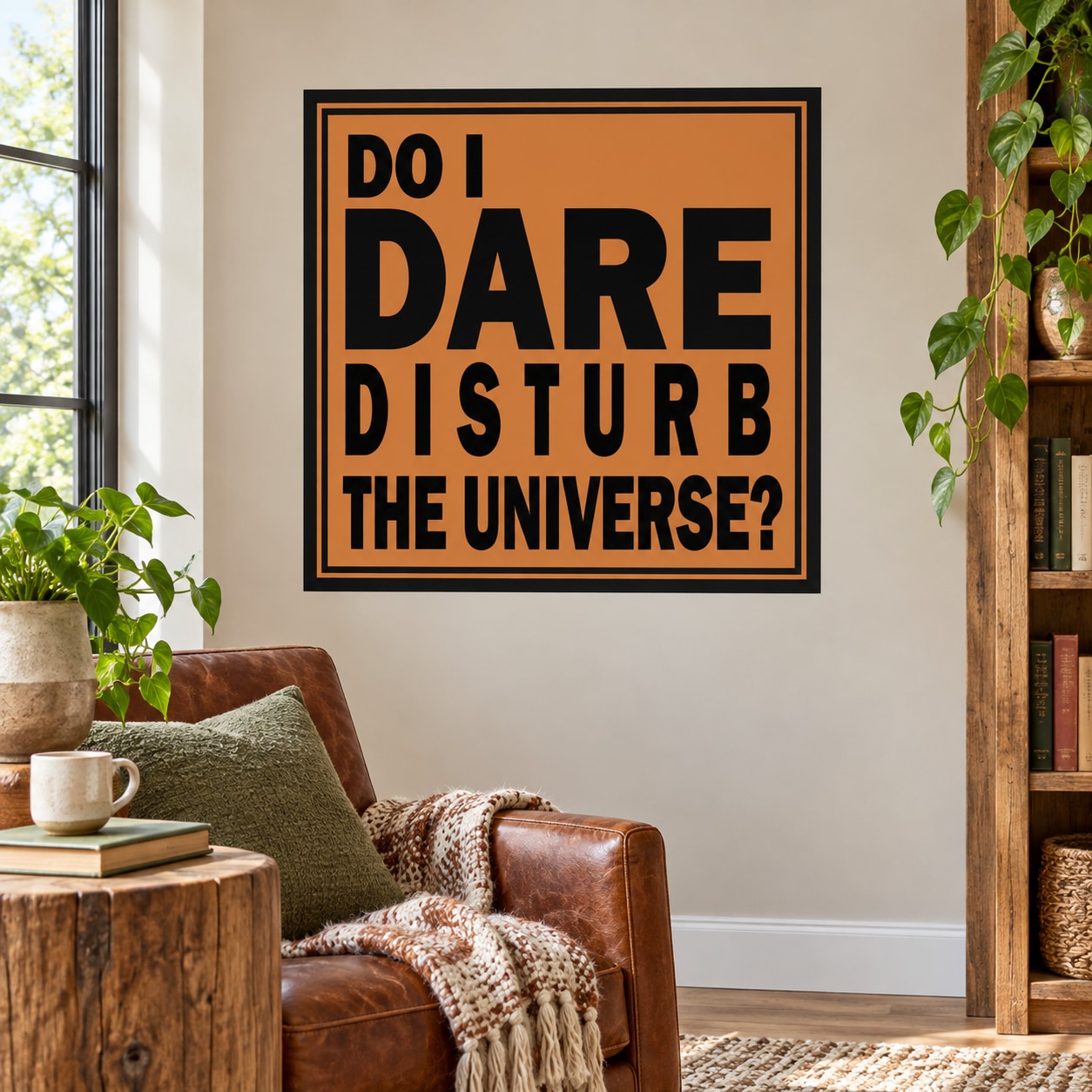 Square typography wall decal reading 'DO I DARE DISTURB THE UNIVERSE?' in black and orange