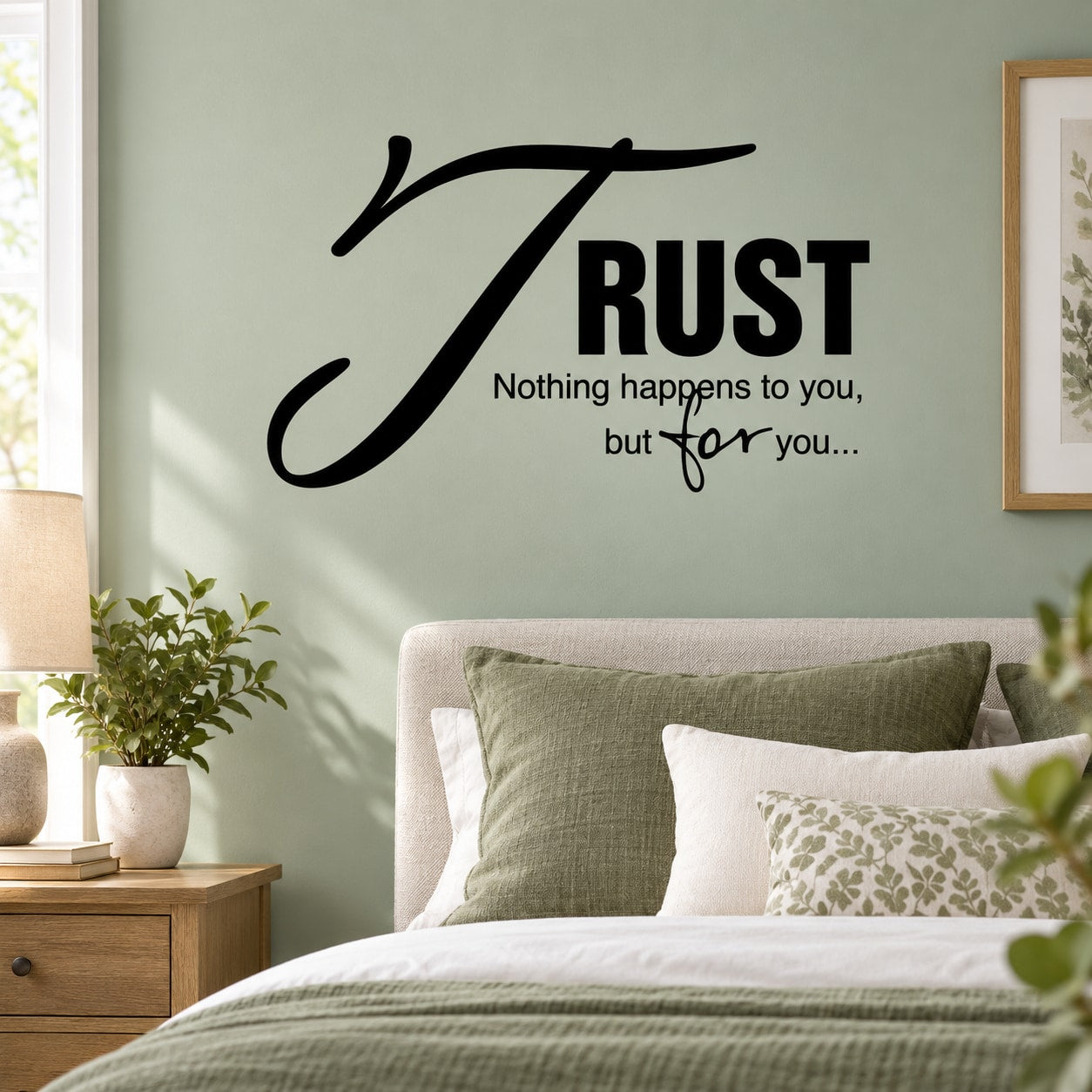 Black wall decal with script text: “Trust nothing happens to you but for you…”