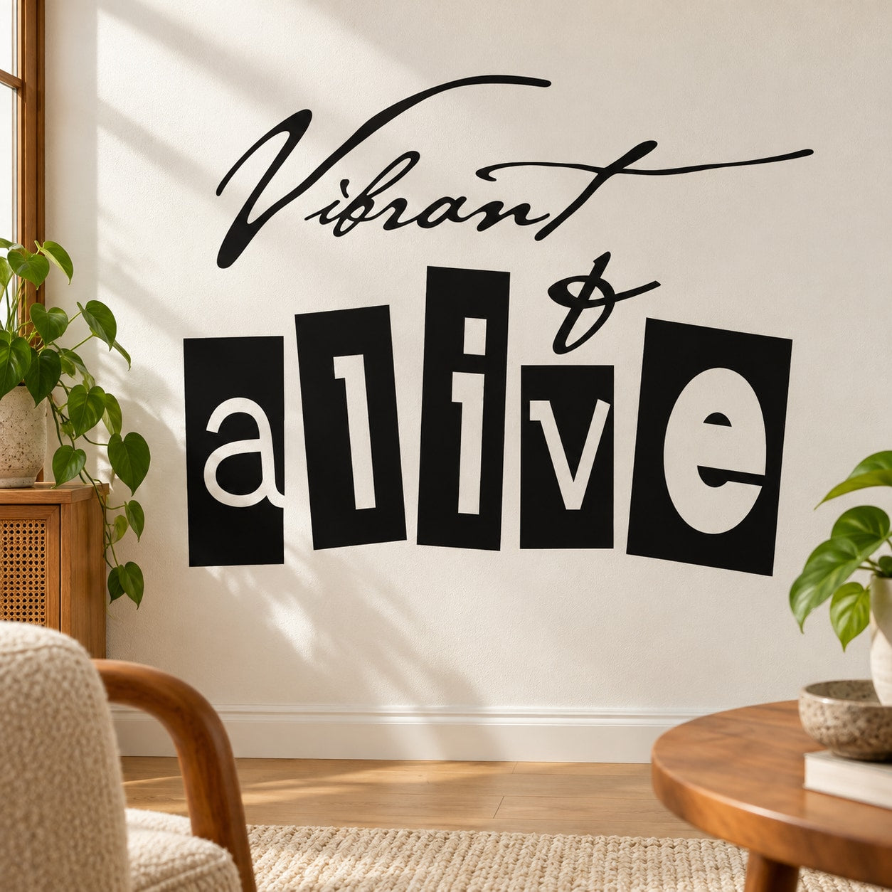 Black and white wall decal with 'Vibrant' script and 'alive' large block text