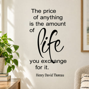 Inspirational quote wall decal with black script 'Life' and Henry David Thoreau