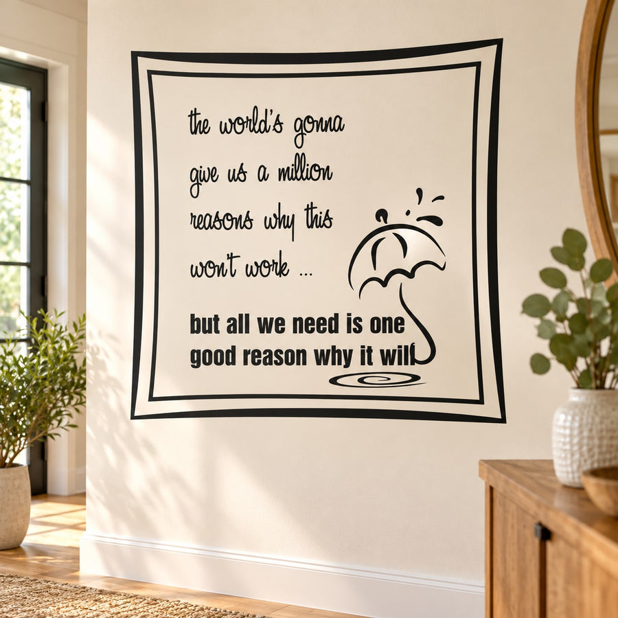 Square wall decal with black quote lettering and small face doodle in speech bubble