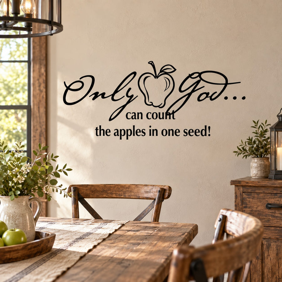 Black scripture wall decal with apple icon and quote: "Only God can count the apples..."