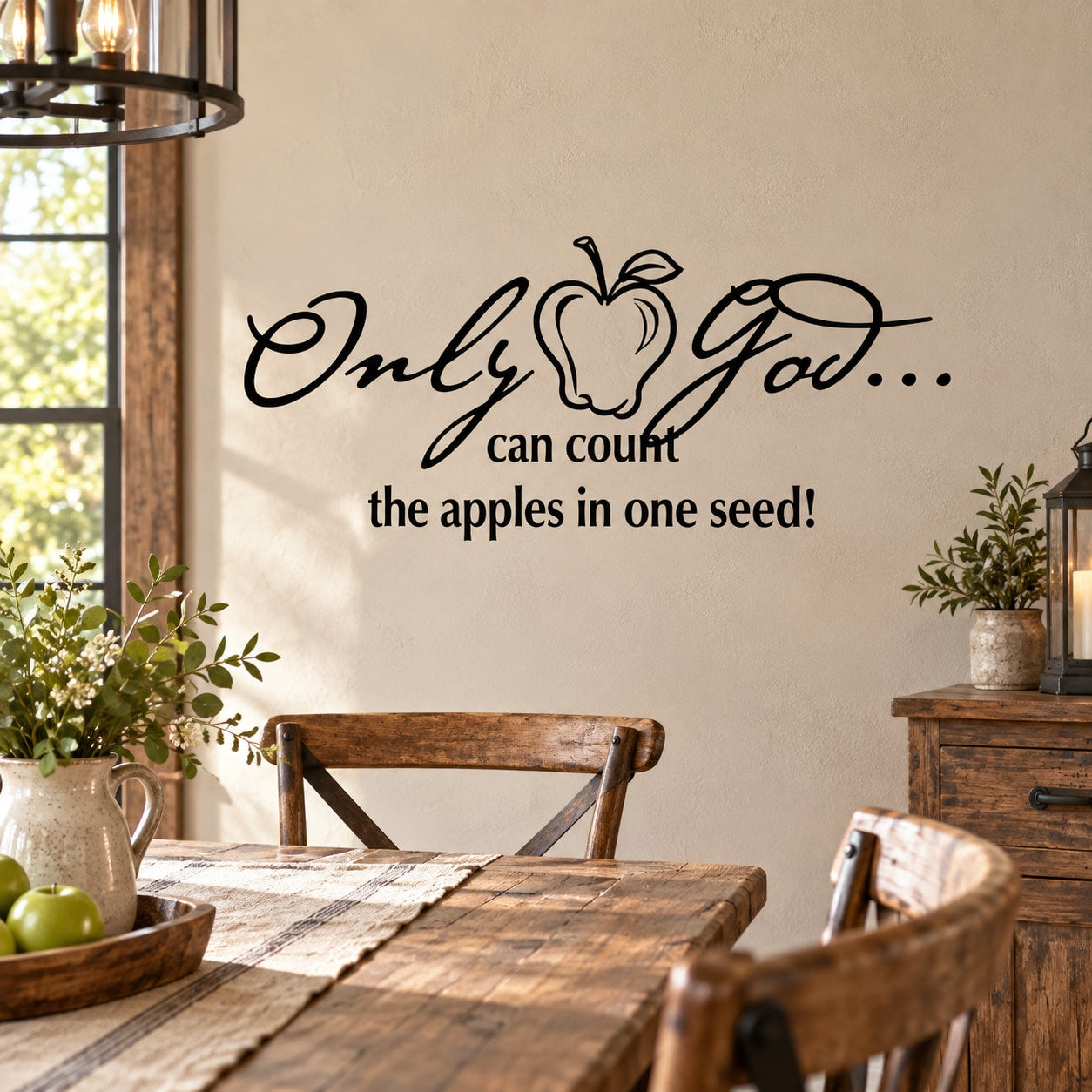 Black scripture wall decal with apple icon and quote: "Only God can count the apples..."