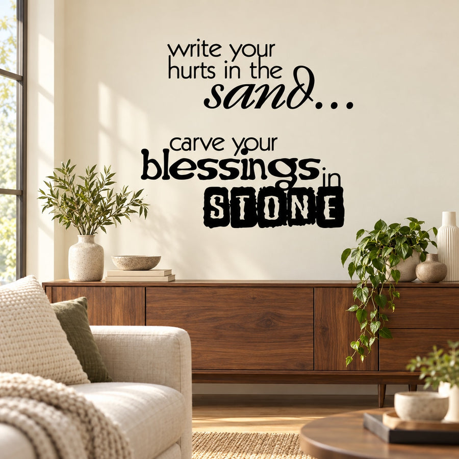 Inspirational wall decal quote, black lettering: “hurts in the sand, blessings in stone”