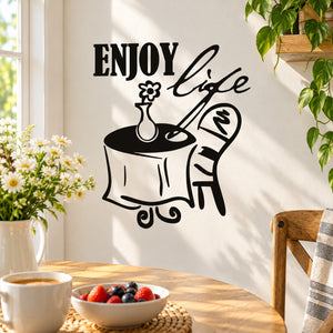 Black "Enjoy Life" decal with line-art coffee pot and heart