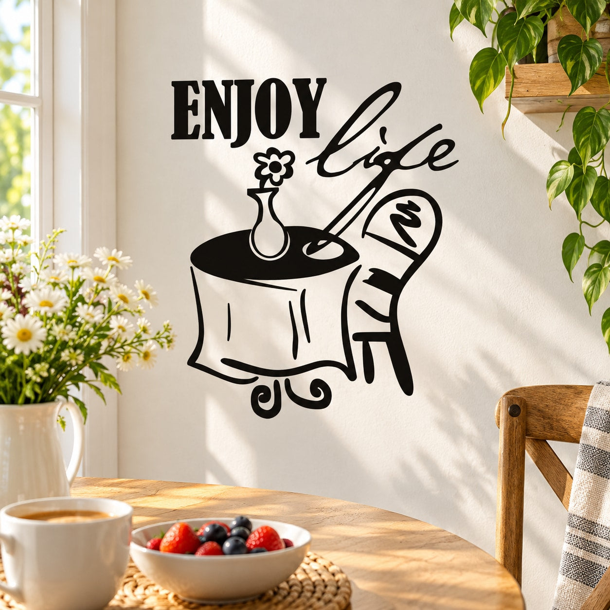Black "Enjoy Life" decal with line-art coffee pot and heart