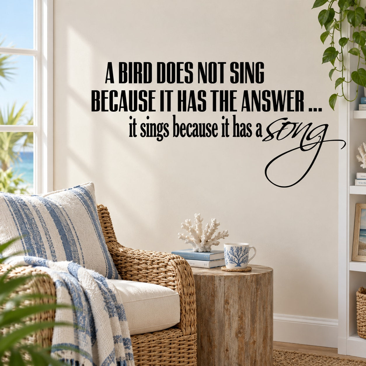 Wall quote decal with black bird quote text and cursive "song" design