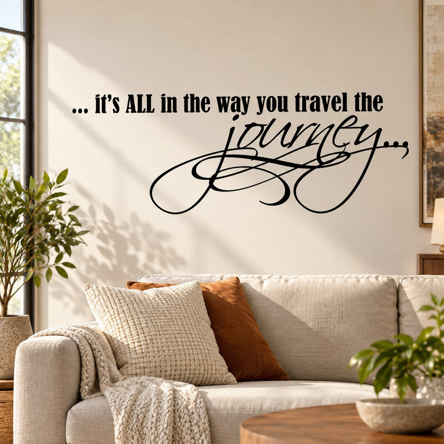 Travel journey wall decal with black cursive text: It's all in the way you travel