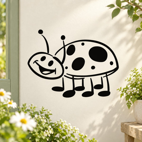 Smiling ladybug cartoon decal with black antennae and spotted body