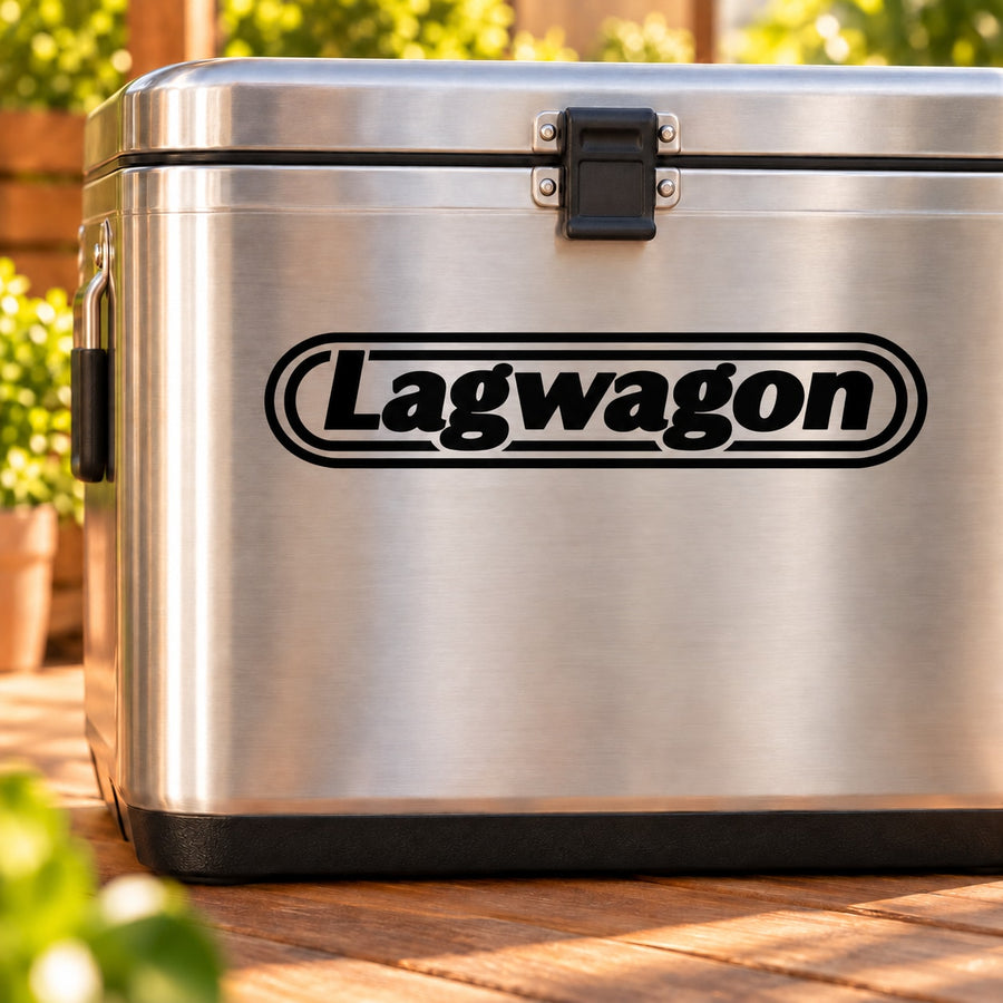 Lagwagon logo decal on silver cooler lid, oval black border and lettering