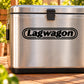 Lagwagon logo decal on silver cooler lid, oval black border and lettering
