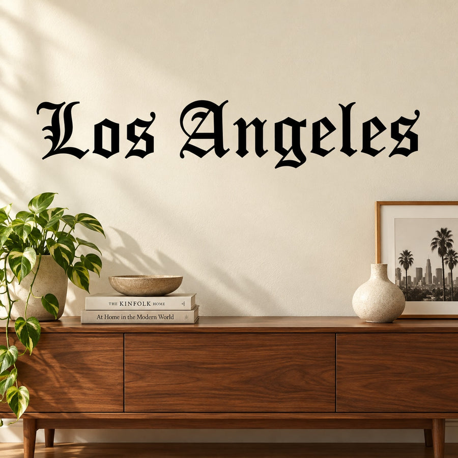 Los Angeles Old English Decal — illustrative vinyl decal application mockup. Surrounding objects are not included.