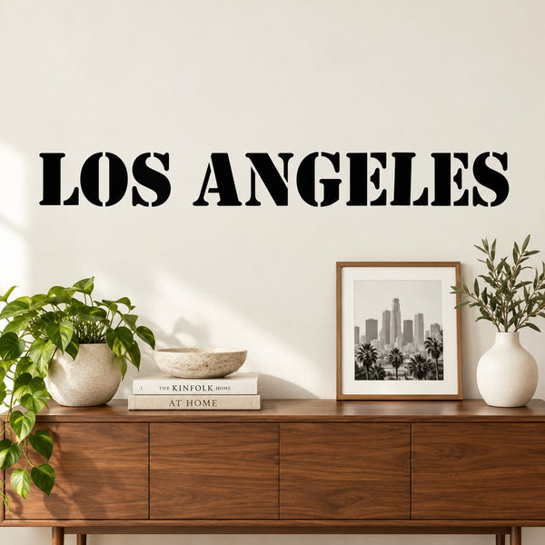 Los Angeles stencil decal, bold black uppercase lettering on light background